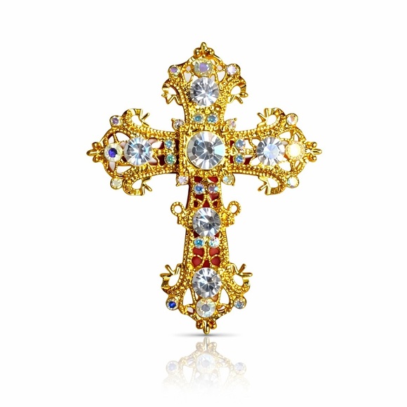 Anthropologie Jewelry - Elegant Gold and Red Cross Brooch